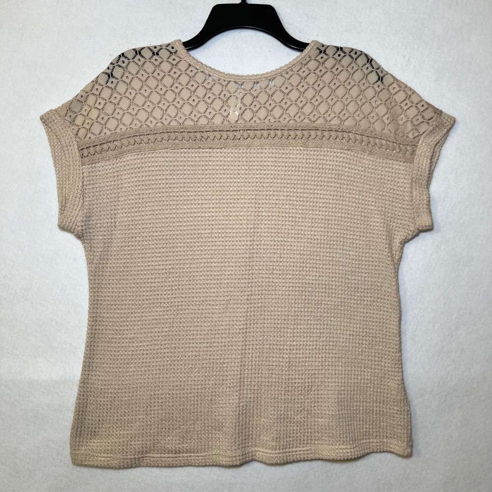 Romantic Lagenlook Fairy Beige Waffle Knit Crochet Lace Yoke Top Dokotoo Women L